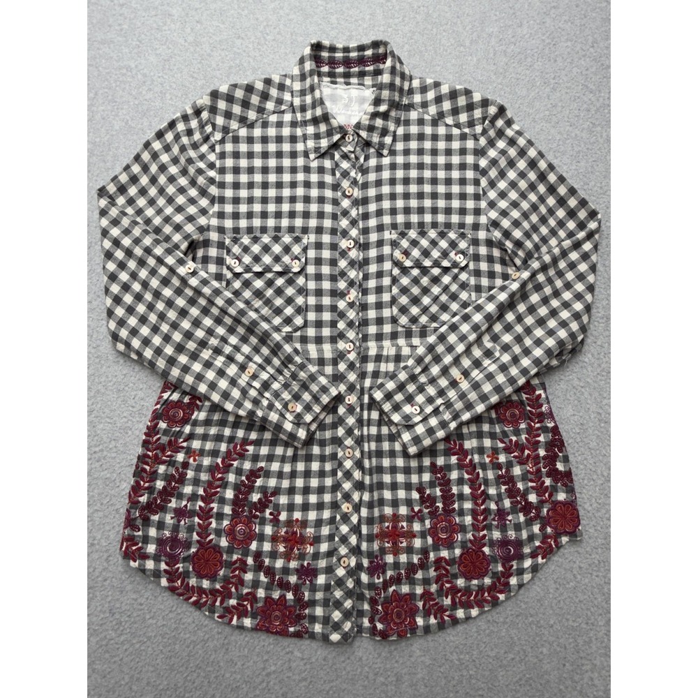 Johnny Was 3J Workshop Tunic Shirt Womens Small Gray Gingham Embroidered Boho